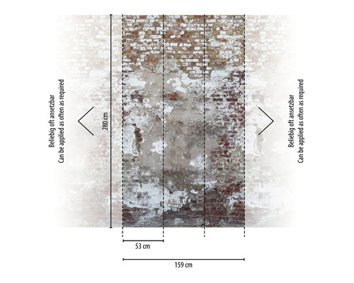 Tapete mit Backsteinmaueroptik und den Maßen 280 x 159 cm