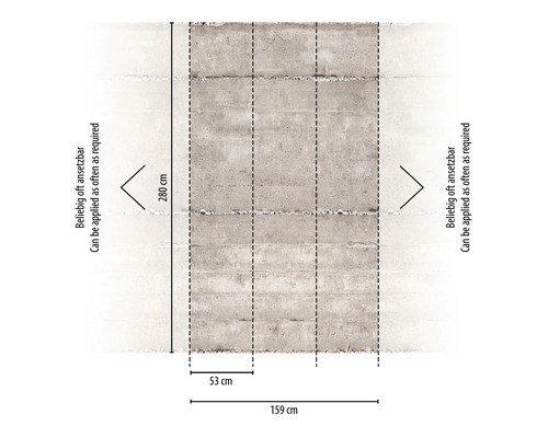 Maßangaben für eine Betonoptik-Tapete: 280 cm Höhe, 159 cm Breite, 53 cm Rapport