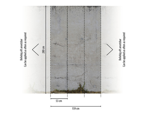 Maße einer Betonwandtapete mit einer Höhe von 280 cm und einer Breite von 159 cm