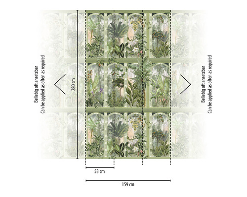 Tapetenmuster mit tropischen Pflanzen, Maße 159 mal 280 Zentimeter