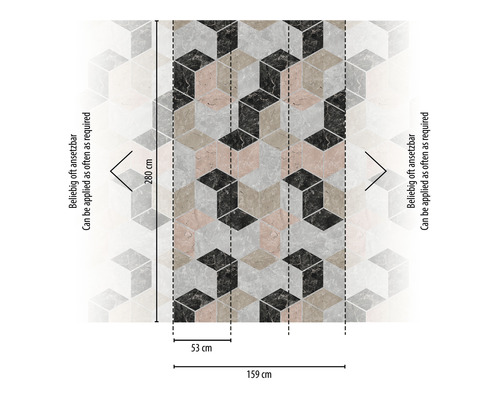 Tapete mit geometrischem Würfelmuster und Maßangaben