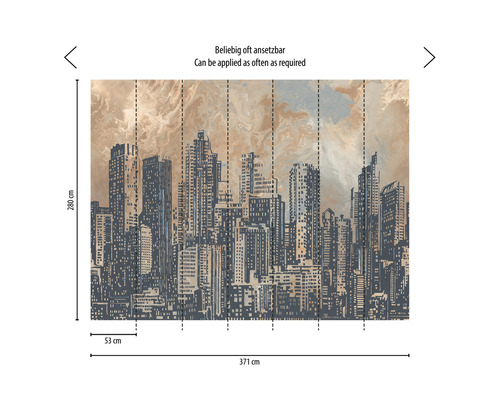 Wandbild mit Skyline-Motiv und Maßangaben
