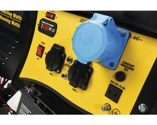 Detailansicht eines Stromgenerators mit Steckdosen und Schaltern