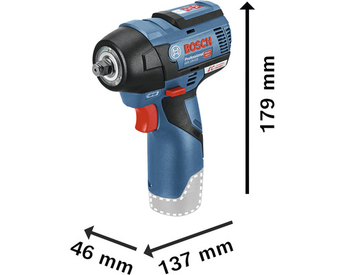 Bosch Schlagschrauber mit den Maßen 179 mm Höhe, 46 mm Breite und 137 mm Länge.