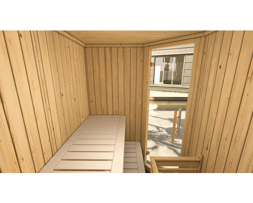 Innenansicht einer Sauna mit Holzverkleidung und Sitzbank