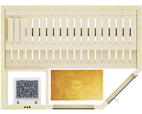 Innenansicht einer Sauna mit Holzbänken, Saunaofen und Fußmatte
