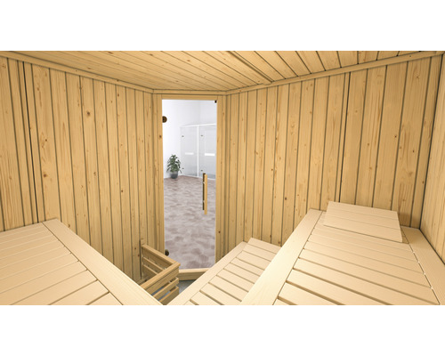 Innensauna mit Holzwänden und Sitzbänken