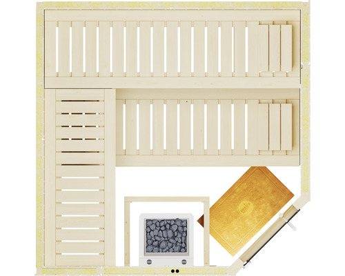 Draufsicht einer Sauna mit Bänken, Ofen mit Saunasteinen und Saunazubehör