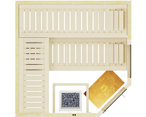 Draufsicht einer Sauna mit Bänken, Ofen und Zubehör