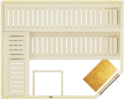 Draufsicht einer Sauna mit Bänken, einer Tür, einem Tisch und einer Fußmatte