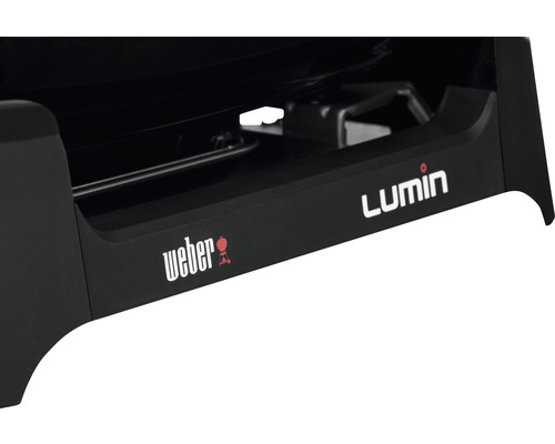 Detailansicht eines Weber Lumin Elektrogrills mit Weber Logo