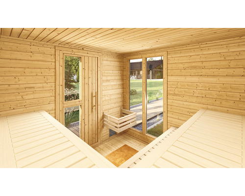 Holzsauna Innenansicht mit Bänken, Tür und Fenster für ein helles und entspannendes Saunaerlebnis