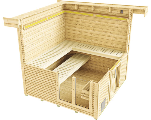 Sauna aus Holz mit Bänken und Infrarotstrahlern