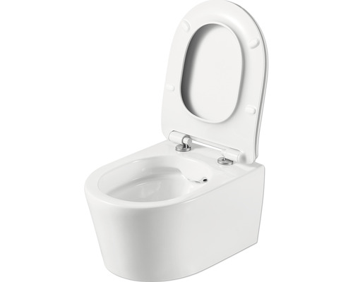 Wand-Bidet aus Sanitärkeramik mit geöffnetem Toilettendeckel
