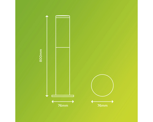Technische Zeichnung einer Wegeleuchte mit Maßen 800 mm Höhe und 76 mm Breite.