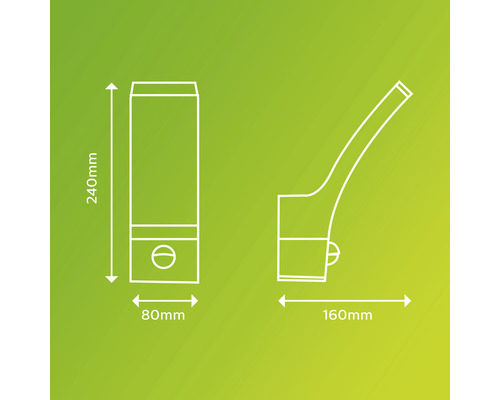 Technische Zeichnung einer Wandleuchte mit Maßangaben: 240 mm Höhe, 80 mm Breite und 160 mm Ausladung