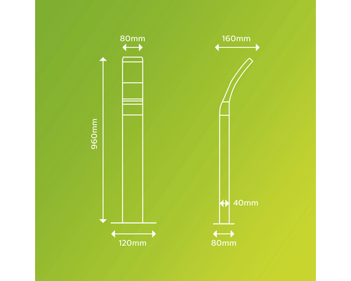 Technische Zeichnung einer Wegeleuchte mit Maßangaben