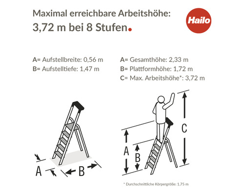 Illustration einer Haushaltsleiter mit Maßangaben und Hailo Logo