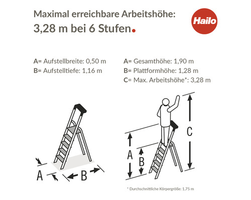 Technische Zeichnung einer Hailo Trittleiter mit sechs Stufen und Maßangaben