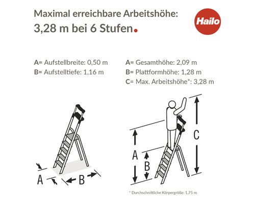 Abmessungen einer Trittleiter mit sechs Stufen und der maximal erreichbaren Arbeitshöhe. Hailo Logo.