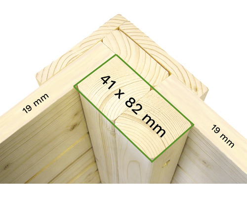 Holzkonstruktion Eckverbindung mit Maßangaben 41 x 82 Millimeter und 19 Millimeter