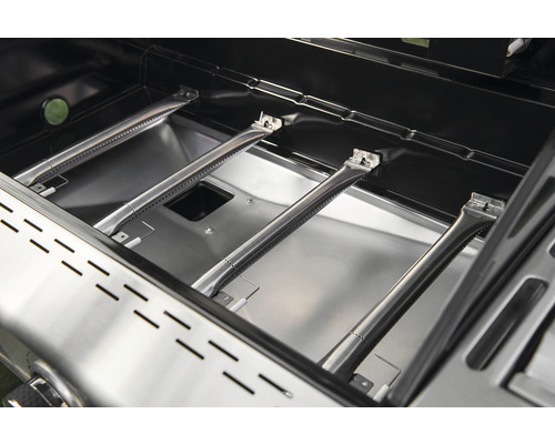 Innenansicht eines Gasgrills mit Edelstahlbrennern