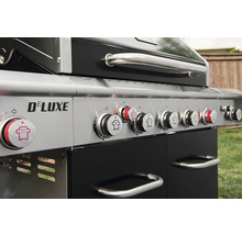 Detailaufnahme eines Gasgrills mit Bedienknöpfen und der Aufschrift Deluxe.