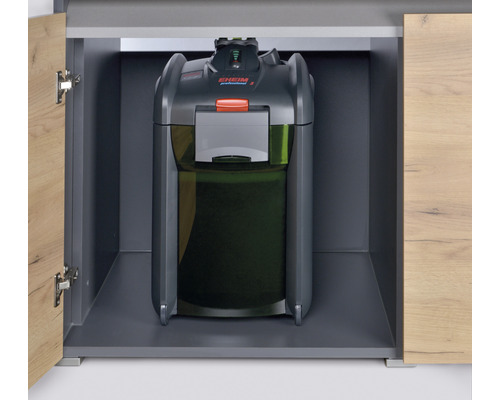 Eheim Logo im Unterschrank mit Aquariumfilter