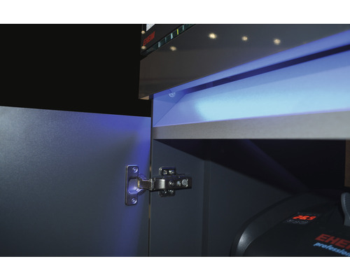 Detailaufnahme von einem Aquarienschrank mit Türscharnier und Eheim Logo