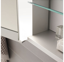 Detailaufnahme eines Spiegelschranks mit Glasablage im Badezimmer