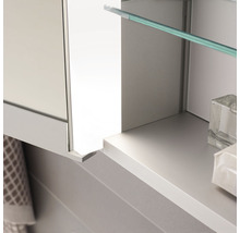 Detailaufnahme eines Spiegelschranks mit Glasablage im Badezimmer.