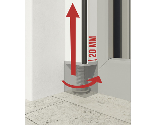 Illustration einer Höhenverstellung mit Pfeilen, die die Richtung und den Umfang von 20 Millimetern angeben.
