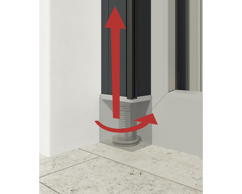 Illustration zur Höhenverstellung eines Pfostenträgers mit Pfeilen, die die Drehbewegung und die Anhebung des Pfostens darstellen