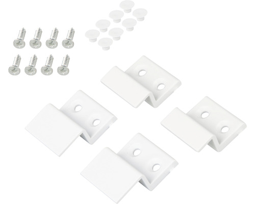 Vier weiße Fensterbankhalterungen mit Schrauben und Abdeckkappen