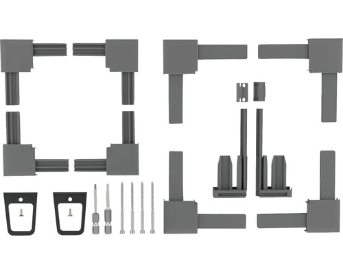 Bausatz für ein Hochbeet bestehend aus Eckverbindern, Profilen, Schrauben und weiterem Zubehör