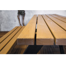 Detailansicht einer Gartentischgruppe mit Holztischplatte und Sitzbänken