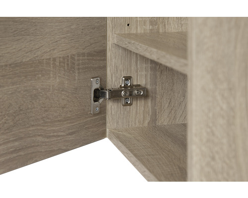 Detailansicht eines Schranks mit Fachböden und einem Möbelscharnier