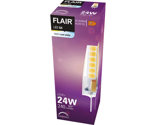 Verpackung einer dimmbaren Flair LED G4 Lampe mit 2,5 Watt entsprechend 24 Watt und 240 Lumen