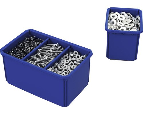 Blaue Sortierbox mit Nägeln, Schrauben, Muttern und Unterlegscheiben