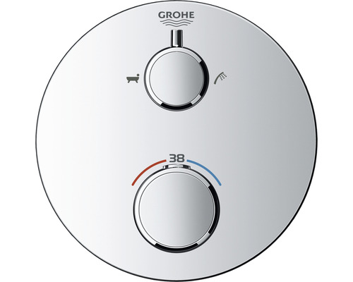 Grohe Logo auf einer runden Duscharmatur mit Temperaturregler und Badewannen- beziehungsweise Duschfunktion