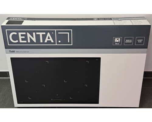 Verpackung des Centa Tiaki Induktionskochfeldes mit 80 Zentimeter Breite, hergestellt in Deutschland, mit Schott Glas