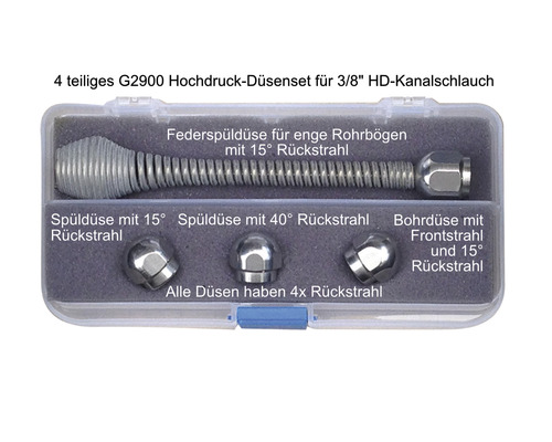 Vierteiliges G2900 Hochdruckdüsenset für 3/8 Zoll HD-Kanalschlauch