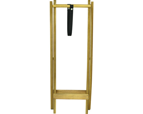 Zusammengeklappter hölzerner Handtuchhalter mit schwarzem Gurt