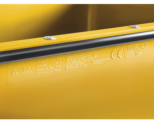 Detailansicht einer gelben Mulde mit Herstellerinformationen und Prüfsiegeln