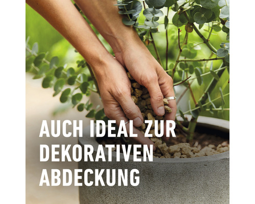 Person bedeckt Pflanzenerde dekorativ mit Kieseln