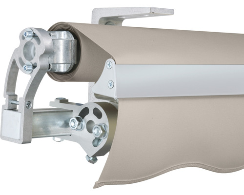 Detailansicht einer Markise mit Aluminiumgestell und Stoff