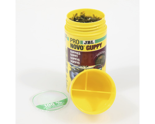 JBL Pro Novo Guppy Fischfutterdose mit geöffnetem Deckel