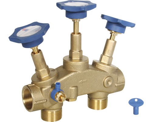 Wasserverteiler aus Messing mit drei blauen Ventilen und einem Schlüssel