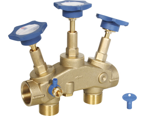 Wasserverteiler aus Messing mit drei Absperrventilen und zugehörigem Schlüssel