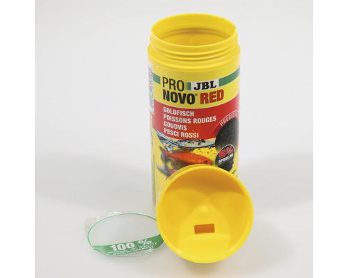 JBL Pro Novo Red Goldfischfutter Dose mit geöffnetem Deckel